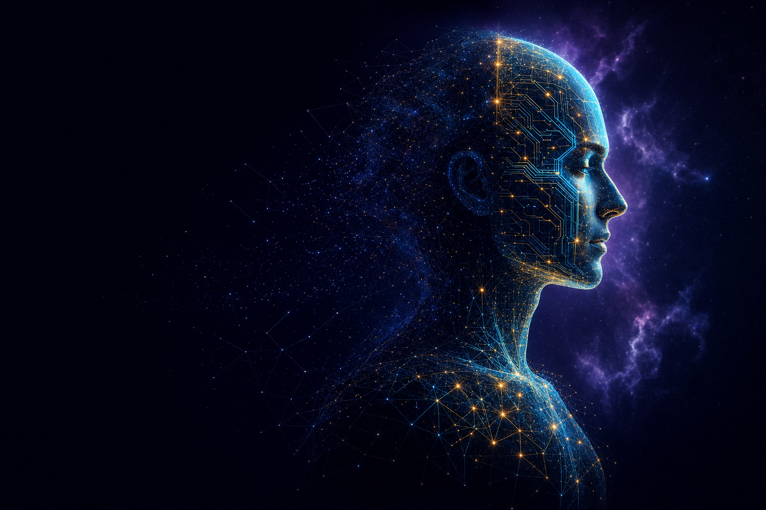 A profile silhouette formed from light and circuitry
