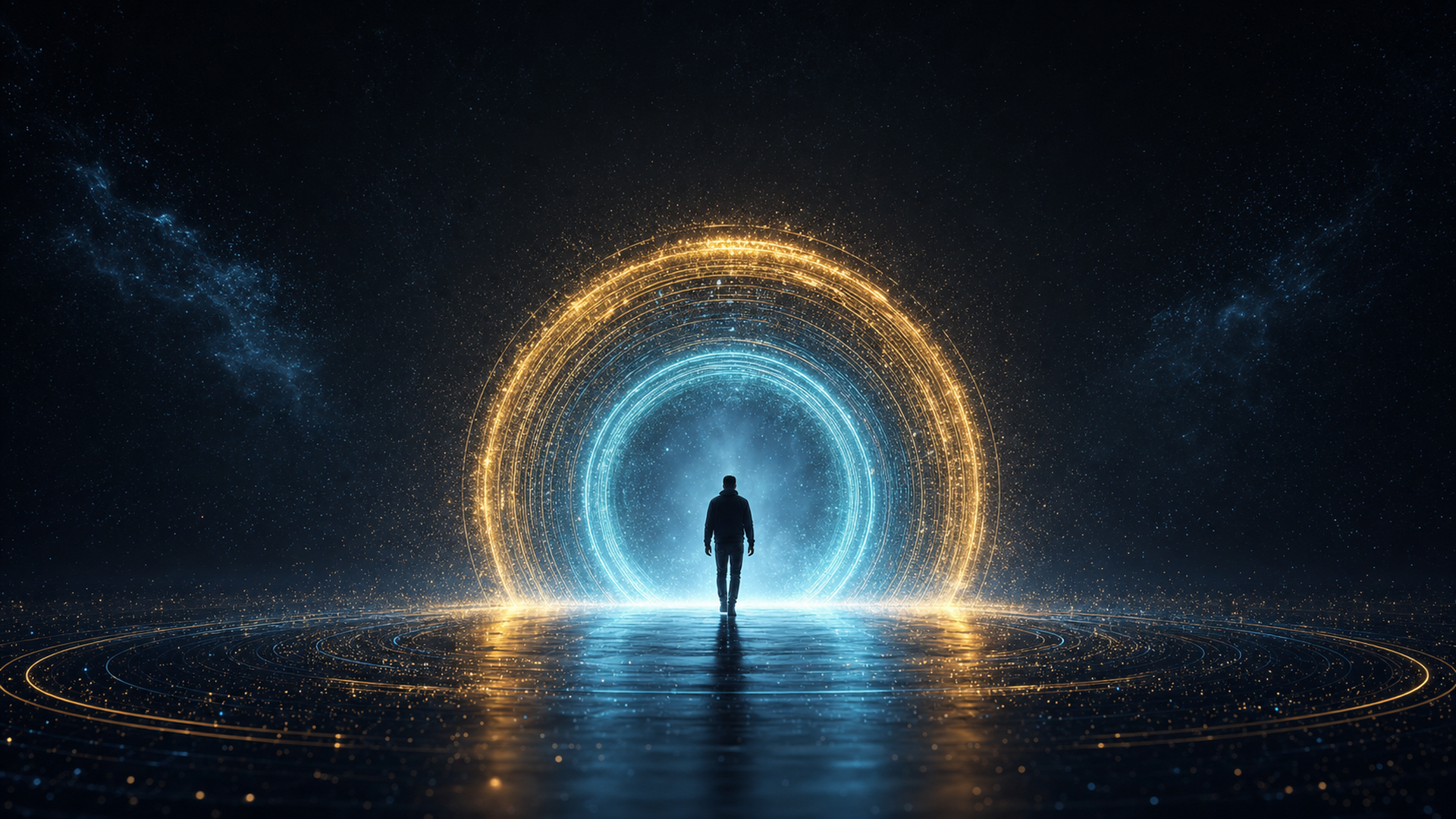 A figure stepping through a glowing portal into a new future